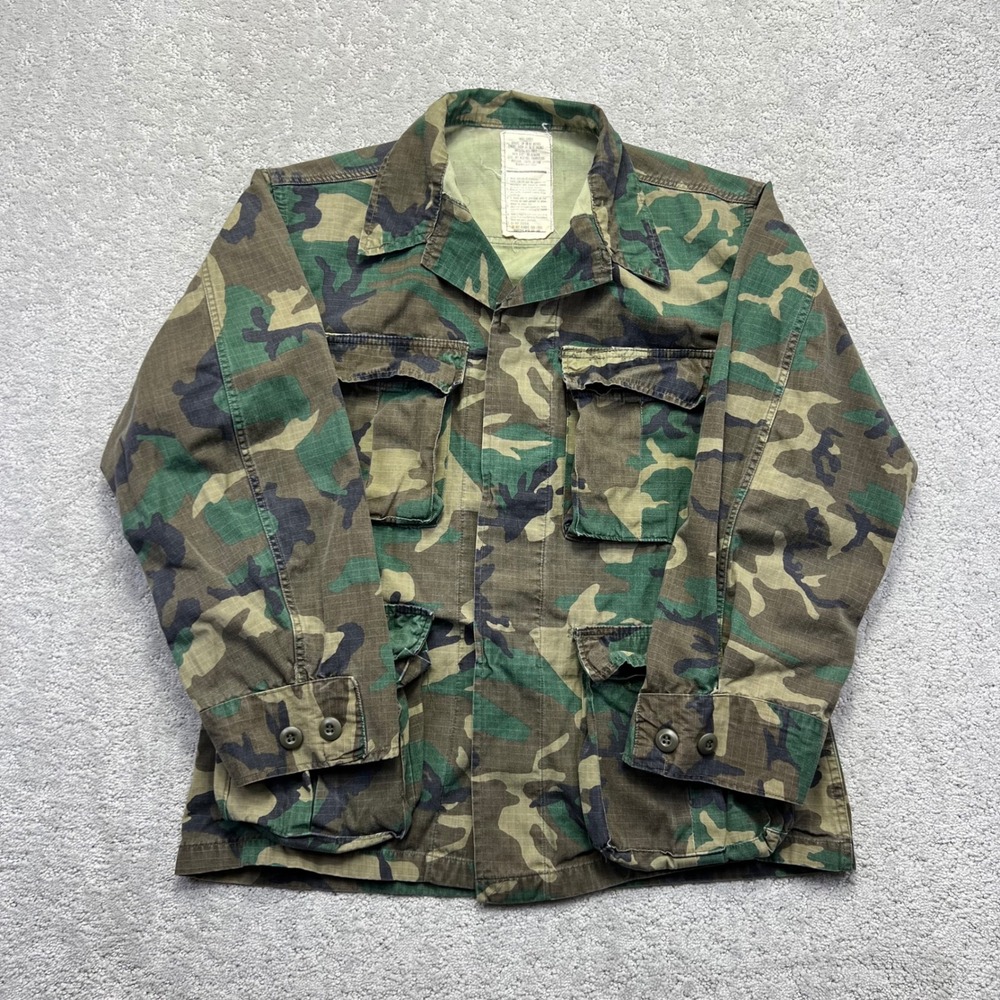 VINTAGE 70s US Military Shirt Jacket Small Shorts Woodland Camo Field Utility